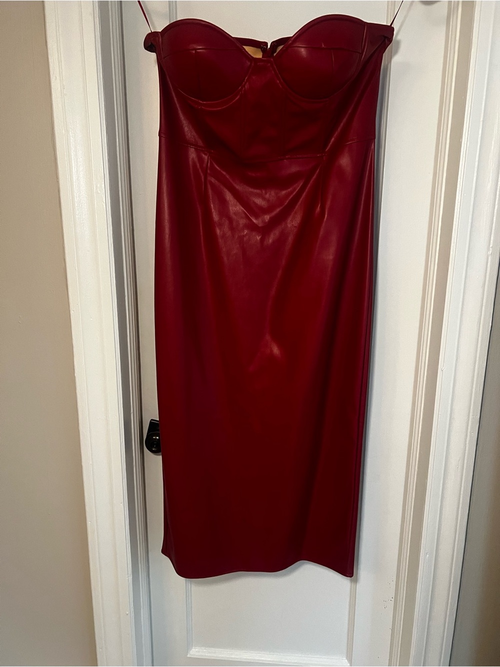 Fashion Nova Strapless Faux-Leather Midi Dress in Burgundy